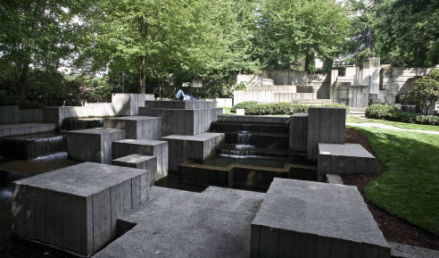 Seattle Freeway Park Across Main Fountains